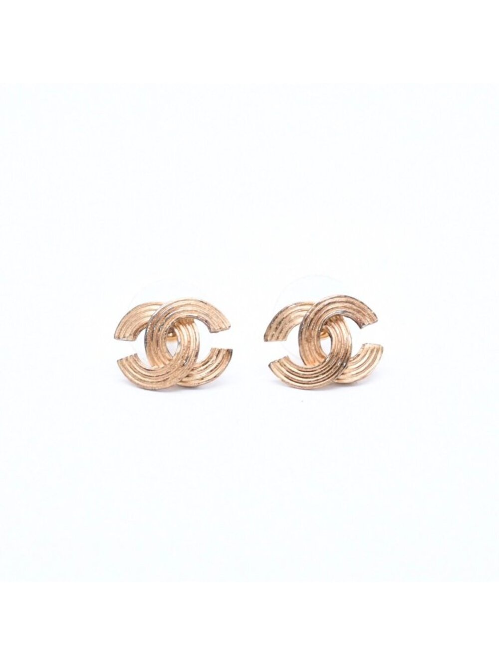 Chanel CC Logo Shape Stud Earrings Rib Texture 00 Gold Metal